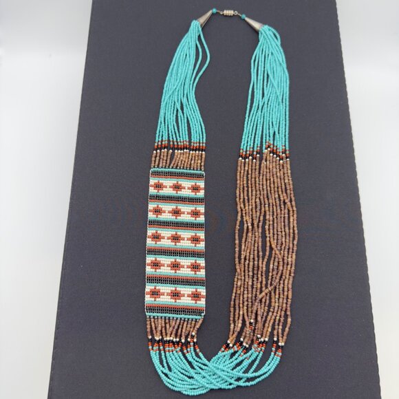 Native American Turquoise Brown Penn Shell Heishi Multi Strand Necklace Sterling - Picture 1 of 11